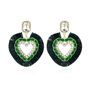Bohemian crystal heart earrings with green enamel and long black silk tassels