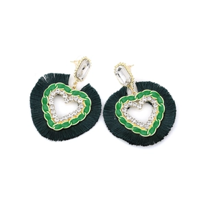 Bohemian gold heart earrings with green enamel, rhinestones and dark green silk tassels