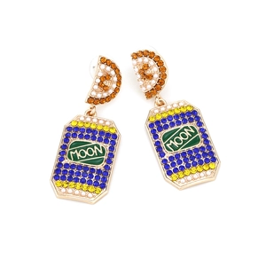 Boucles d'oreilles bouteille avec texte MOON et strass bleus et jaunes brillants