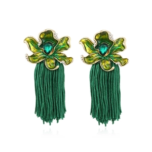 Alloy Flower Tassel Dangle Earrings With Rhinestone And Enamel Bohemian Vintage Statement Jewelry For Women