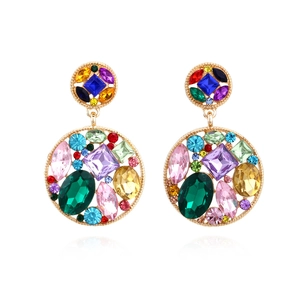 Colorful Crystal Geometric Drop Earrings For Women Retro Hollow Round Alloy Rhinestone Exaggerated Bohemian Style