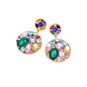 Chandelier earrings with multicolor geometric crystals and gold plated hollow round frame