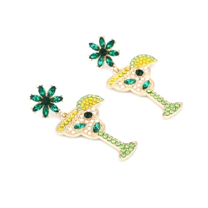 Tropical cocktail glass earrings with green floral studs and yellow rhinestones