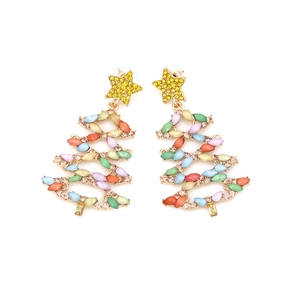 Boucles d'oreilles sapin de Noël dorées avec strass colorés et clou en forme d'étoile