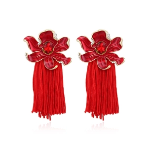 Bohemian long tassel earrings with red flower design and crystal drop in gold alloy