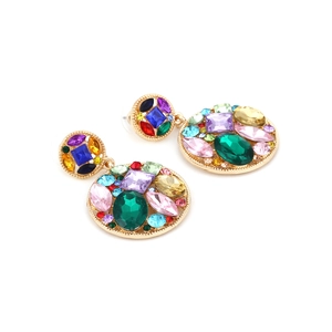 Bohemian style gold earrings with colorful geometric rhinestones in a circular design