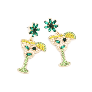 Creative cocktail glass earrings with green crystals and gold flower studs for women