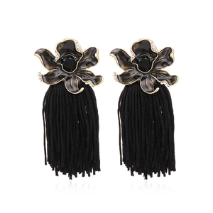 Retro black enamel flower tassel earrings with gold accents and sparkling crystals