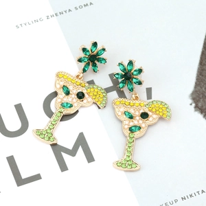 Summer style cocktail glass earrings with green crystals and rhinestones for women