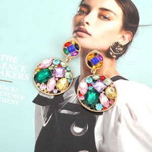 Statement gold geometric earrings with colorful crystals in a double round hollow design