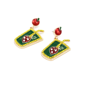 Fashionable enamel fruit drink cup earrings with colorful rhinestones and apple design
