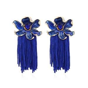 Luxury blue orchid tassel earrings with enamel flower petals and sparkling crystals