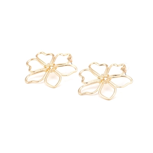 Macro detail of gold-plated hollow wire-wrapped flower earrings with clear silicone backs