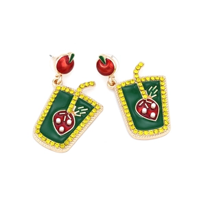 Fashionable strawberry drink glass drop earrings with colorful rhinestones and enamel