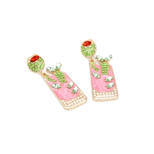 Détails de boucles d'oreilles en émail rose avec strass colorés et perles