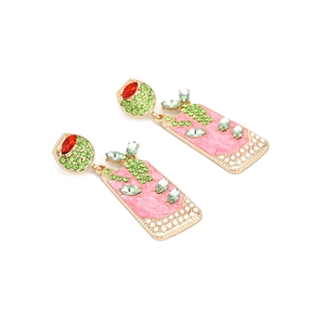 Boucles d'oreilles dorées en émail rose et strass colorés au design créatif de coupe rectangulaire