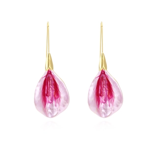 Flower Petal Drop Earrings Gradient Pink Enamel Alloy Dangle Long Ear Hooks For Women Fashion Artistic Floral