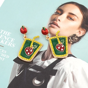 Fashionable crystal fruit cocktail earrings featuring red apple and strawberry glass charms