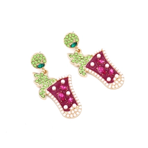 Orecchini a calice da cocktail con cristalli rosa e strass verdi in lega dorata alla moda