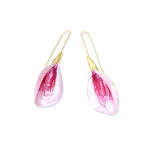 Elegant long alloy flower drop earrings with pink gradient finish and gold hooks