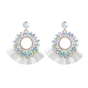 Bohemian crystal rhinestone fringe drop earrings with colorful gems and white tassels
