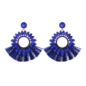 Bohemian style royal blue tassel earrings with marquise crystal rhinestones and silk fringes