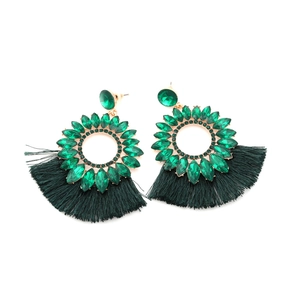 Bohemian gold-tone drop earrings with emerald green crystals and long silk tassels
