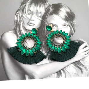 Bohemian emerald crystal tassel earrings with sparkling rhinestones in exaggerated style