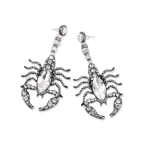 Gothic scorpion drop earrings in gunmetal alloy with crystal rhinestones on white background