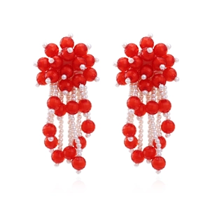Red beaded fringe earrings with white pearls in handmade bohemian floral long drop style