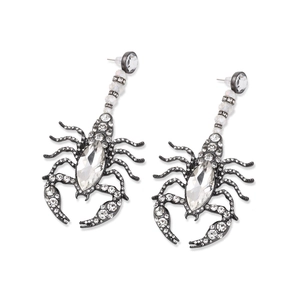 Exaggerated retro scorpion drop earrings with vintage alloy and sparkling white rhinestones