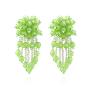 Bohemian handmade beaded floral tassel earrings in green and white pearl fringe