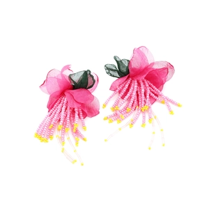 Bohemian fuchsia chiffon flower earrings with handmade beaded fringe and green leaves