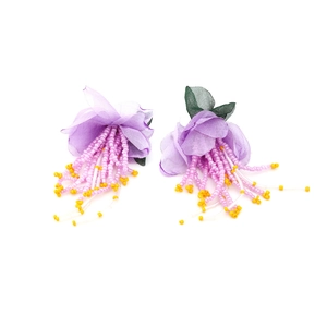 Detail view of purple chiffon flower earrings with beaded tassels and fabric leaves