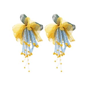 Bohemian chiffon flower tassel earrings with handmade colorful beads and mesh texture