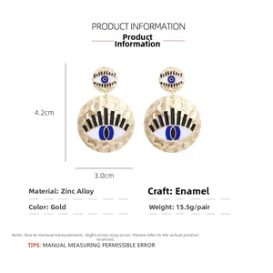 Detailed size specifications for enamel evil eye dangle earrings in gold zinc alloy