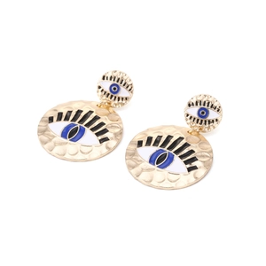 Vintage gold hammer-textured drop earrings with enamel evil eye pattern on white background