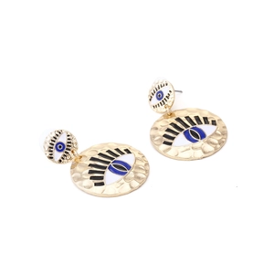 Vintage gold hammer metal Evil Eye earrings with blue enamel finish for women