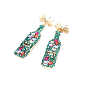 Golden bridal champagne bottle drop earrings with blue rhinestones and Bride lettering