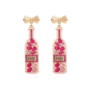 Creative bowknot champagne bottle earrings with pink rhinestones for festive wedding brides