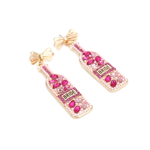 Champagne bottle drop earrings with crystal bow and Bride label in pink gold