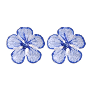 Blue and white enamel flower stud earrings with golden pistils in a 5-petal design