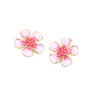 Sweet pink enamel flower earrings with gold metal trim in a minimalist floral design