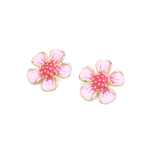 Detailed close-up of pink enamel peach blossom stud earrings with gold plating