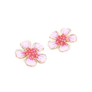 Sweet pink enamel peach blossom stud earrings with gold accents on white background