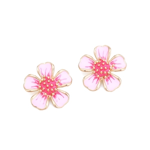 Chic pink enamel peach blossom stud earrings with gold center for women