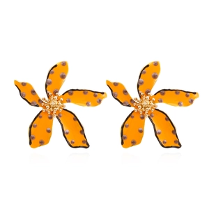 Fashionable orange floral earrings with polka dots and golden center in glossy enamel