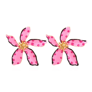Elegant floral drop earrings with pink petals, red polka dots and gold stamens