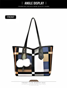 Close-up of multicolor checkered pattern PU leather tote bag with plush ball charm