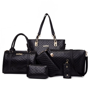 6-piece black leather handbag set with quilted patterns and golden hardware